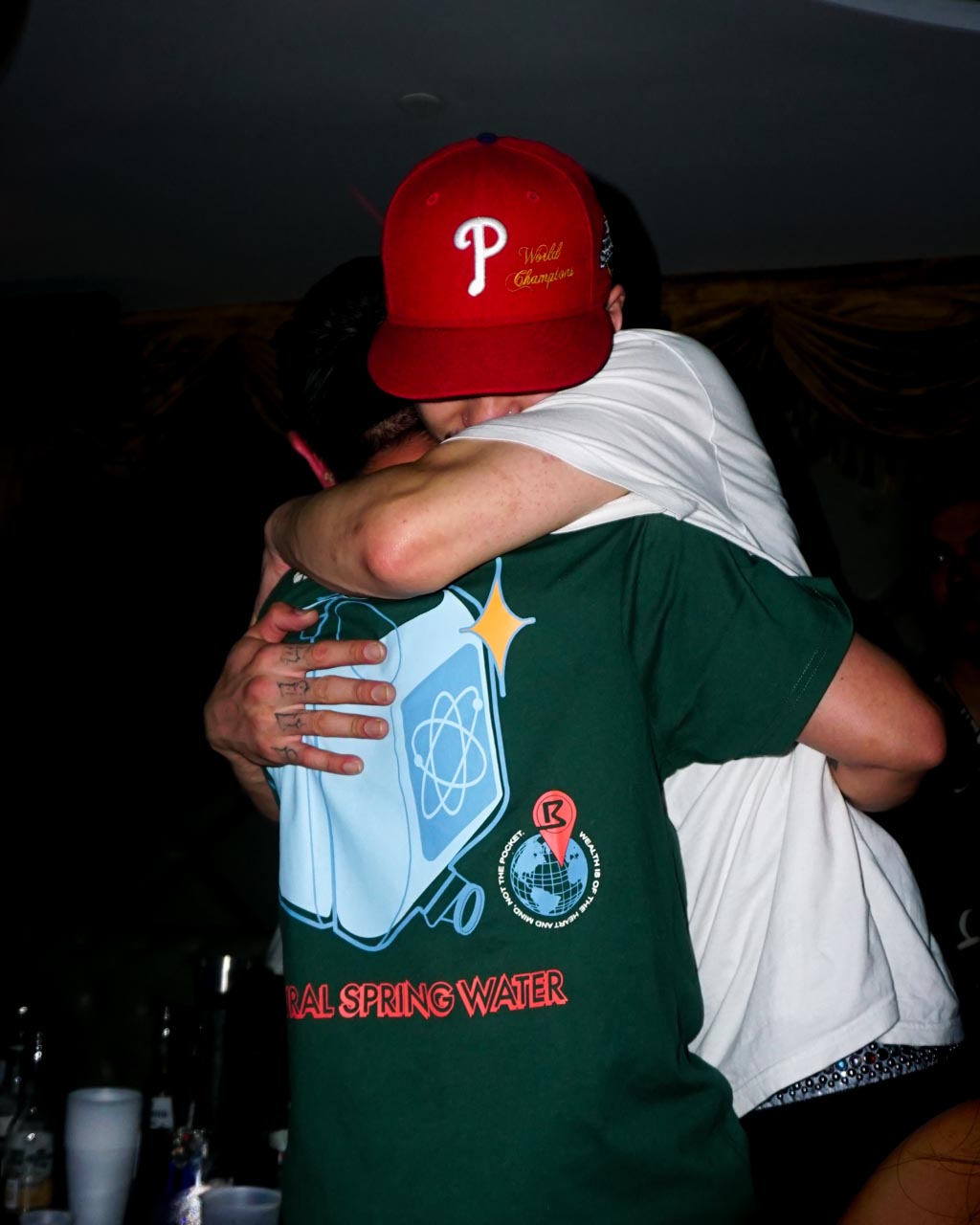 A high exposure hug shared between friends