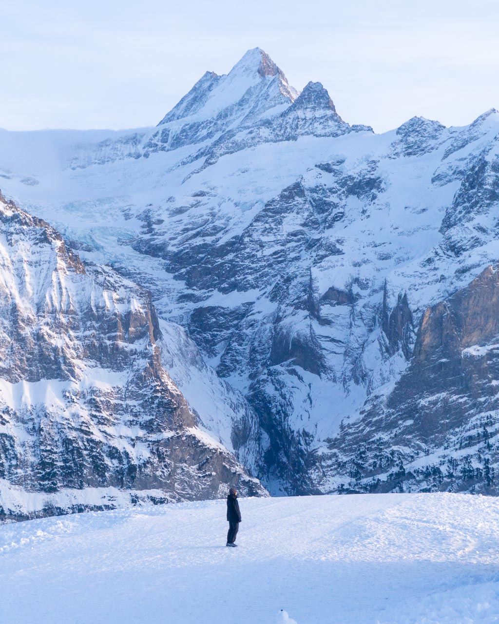 A woman standing tinily in a mass of snowy mountains